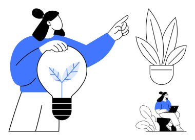 Elinde ampul tutan bir kadın, öne bakıyor, dizüstü bilgisayarı olan başka bir kadın bitkinin yanına oturuyor. Fikirler, yenilik, yaratıcılık, teknoloji, büyüme ekip çalışması verimliliği için idealdir. Minimalist stil