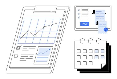 Grafik ve işaretli pano, takvim, ödeme işlemleri, makbuzla birlikte ekranda. Mali yönetim, iş analizleri, planlama, organizasyon, programlama, veriler için ideal