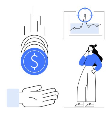 Bir dolar işareti olan bir elin içine bozuk paralar düşüyor, hedefle çizgiler, düşünen bir kadın. Finans, yatırım, strateji, planlama, analiz ve karar verme büyümesi için idealdir. Soyut çizgi düz metafor