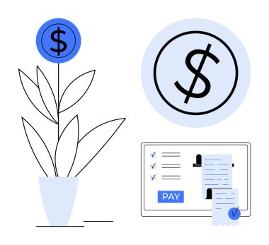 Bozuk para fabrikası finansal büyümeyi sembolize eder. Ödeme seçenekleri ve ödenmiş faturalarla birlikte dijital ekran işlemleri vurguluyor. Finans, iş, yatırım, bankacılık, tasarruf, dijital ödemeler için ideal
