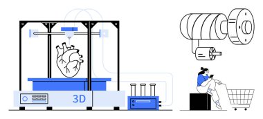 İnsan kalbi yaratan 3D yazıcı, detaylı endüstriyel makineler, online alışveriş. Teknoloji, tıbbi gelişmeler, endüstri, e-ticaret, yenilik, gelecekteki teknolojik dijital yaşam tarzı için ideal