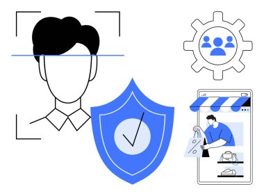 Yüz tanıma teknolojisi, güvenlik kalkanı, kullanıcı profili yönetimi ve online alışveriş aktivitesi. Kimlik doğrulama, veri gizliliği, siber güvenlik, çevrimiçi alışveriş, kullanıcı için ideal