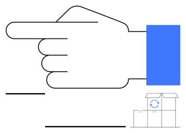 Minimalist el hareketi, kalın mavi kollu, sol kollu, bisiklet oklu kutuyu aç. Rehberlik, kararlar, lojistik, navigasyon, iş akışı, süreçler, soyut çizgi için ideal