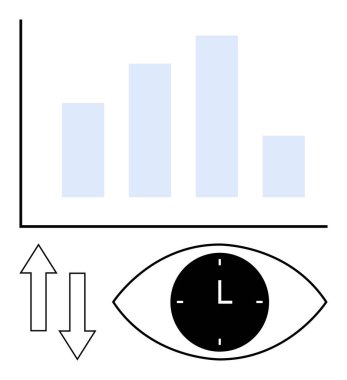 Mavi çizelge, saatli göz, yukarı ve aşağı oklar. Veri analizi, verimlilik izleme, performans izleme, karar verme, zaman yönetimi, verimlilik soyut çizgisi için ideal
