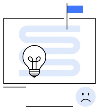 Zigzag yolunun üzerindeki ampuller gol bayraklarıyla bitiyor ve yakınlarda üzgün bir yüz var. Yenilik, planlama, zorluklar, çözümler, büyüme, motivasyon, azim için ideal düz çizgi metaforu