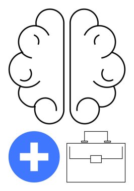 Mavi sağlık haçı ve siyah evrak çantalı beyin çizgisi. Ruh sağlığı, sağlık, işyeri refahı, verimlilik, iş hayatı dengesi, kişisel gelişim, soyut düz metafor için ideal
