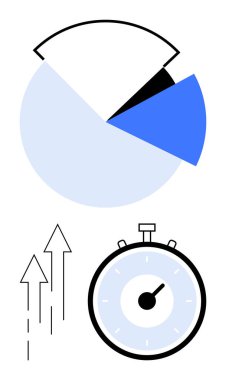Turta grafiği kronometresi ve yukarı çıkan oklar verimlilik zaman yönetimi ve büyümeyi temsil ediyor. Üretkenlik, ticaret, istatistik, ilerleme, performans, analitik, optimizasyon için ideal. Satır metaforu