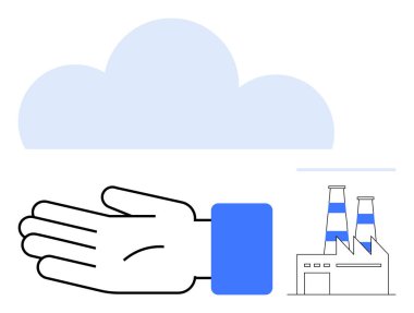 Bulut, uzanmış el ve bacalı fabrika. Çevre koruma, endüstriyel etkiler, kirlilik farkındalığı, sürdürülebilirlik, iklim değişikliği, çevre dostu çözümler için ideal kurumlar