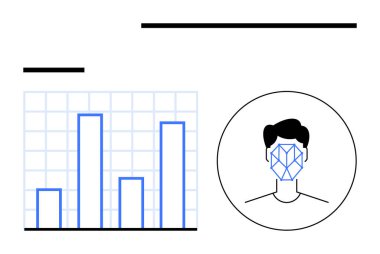Yüz tanıma simgesine dairesel çerçevede bağlı ızgara düzeni olan çubuk grafiği. Yapay zeka, veri bilimi, biyometri, güvenlik, analitik, yüz kimliği ve teknoloji için ideal. Soyut çizgi düz metafor