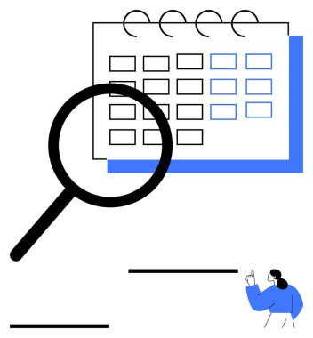 Takvim üzerindeki büyüteç, zamanlamayı, analizi ya da arama inceliğini sembolize eder. Odaklanma ve yön bulma noktalarını gösteren kişiler. Planlama, organizasyon, hatırlatıcılar, verimlilik için ideal