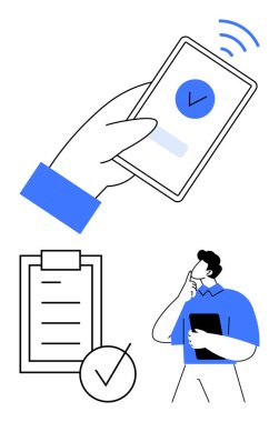 El ele tutuşan akıllı telefon kontrol kutusu onayı, listeli pano ve tablet tutan adam. Görev izleme, üretkenlik, planlama, dijital araçlar, verimlilik için ideal