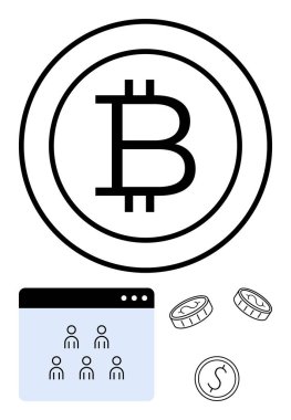 Daire şeklinde Bitcoin logosu, dijital madeni paralar ve web arayüzünde kullanıcı simgeleri. Kripto para birimi, engelleme zinciri, dijital cüzdanlar, teknoloji girişimleri, finans, finansal kapsama soyut düz çizgi için ideal
