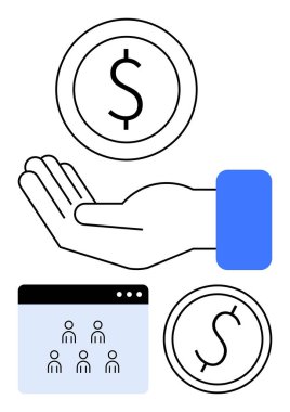 Dolar işaretli bozuk paralar ve dijital grup arayüzü. Finans, çevrimiçi ödemeler, takım çalışması, iş, yatırım, tasarruf, uzaktan işbirliği için ideal. Soyut çizgi düz metafor