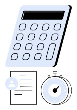 Hesap makinesi, kullanıcı profiline sahip özgeçmiş simgesi ve kronometre verimliliği, verimliliği, zaman yönetimini, iş başvurularını, hesaplamaları, süreleri ve performans takibini temsil ediyor. Kariyer için ideal