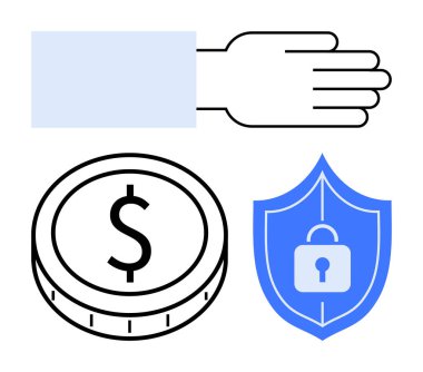 Para ve kalkan kilidiyle uzanan el koruma, alım-satım ve güvenli alışverişi ön plana çıkarıyor. Finans, siber güvenlik, yatırımlar, güven, ödeme sistemleri, ekonomi soyut çizgisi için ideal