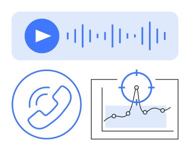 Oynatma düğmesi, telefon simgesi ve hedef işaretli veri tablosu olan ses dalgası. Teknoloji, iletişim, ses akışı, iş, analitik müşteri desteği ve medya için ideal. Soyut çizgi
