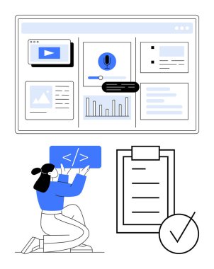 Geliştirici kod düzenleyicisi ile etkileşim halinde, işaretli listenin yanı sıra ortam, mikrofon ve grafikleri gösteren gösterge paneli. Yazılım geliştirme, veri analizi, iş akışı, UI tasarım kodlaması için ideal