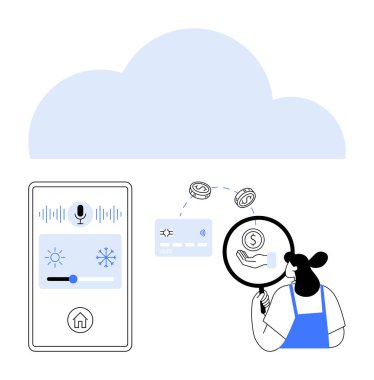 Sesli akıllı ev aletinin üstündeki büyük bulut, güvenli bir ödeme kartı ve büyüteç ve parası olan biri. Teknoloji için ideal, ev otomasyonu, güvenlik, bağlantı, veri