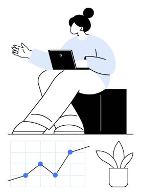 Laptop jestleri üzerinde çalışan kişi, büyüme çizelgesi ve bitkinin yanında oturuyor. İş eğilimleri, üretkenlik, veri analizi, büyüme stratejileri, işyeri, modern tasarım, soyut