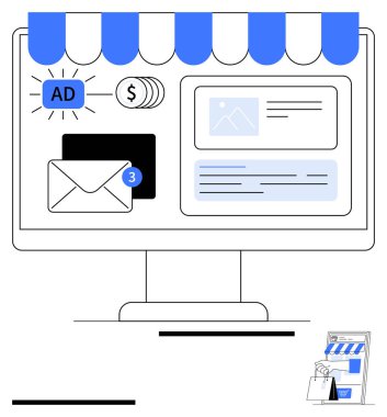 E-ticaret simgelerine sahip bilgisayar monitörü reklam, e-posta bildirimleri, mağaza önü ve ödeme sembollerini onaylıyor. Çevrimiçi iş için ideal, dijital pazarlama, reklamlar, e-posta kampanyaları perakende satışlar. Soyut