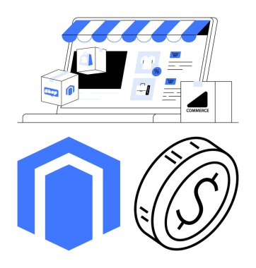 Alışveriş simgeleri, çanta ve madeni parayla çevrimiçi mağaza arayüzü. Çevrimiçi pazarlar, dijital ödemeler, e-ticaret platformları, finans teknolojileri, web uygulamaları, perakende soyut hat düz metaforu için ideal