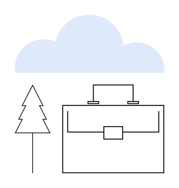 Line-art briefcase with a pine tree and soft cloud. Ideal for work-life balance, office concepts, career growth, environmental themes, simplicity, outdoor lifestyle, abstract line flat metaphor clipart