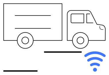 Kablosuz sinyal ikonuna sahip, akıllı teslimatı temsil eden, lojistik ve dijital filo yönetiminden yoksun bir kamyonun ana hatları. Teknoloji, otomasyon, ulaşım ve bağlantı kavramları için ideal