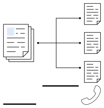 Telefonlara bağlı, her bir belgeye tek tek ulaşan bir yığın kağıt. İş akışı, organizasyon, iletişim, veri paylaşımı, takım çalışması, proje yönetimi, soyut çizgi düz için ideal