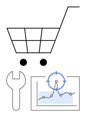 Bir hedef simgesi içeren alışveriş arabası, anahtar ve analiz çizelgesi e-ticaret, optimizasyon ve veri odaklı kararları vurguluyor. Pazarlama, satış, teknoloji, UX stratejileri ve soyut düz çizgi için ideal
