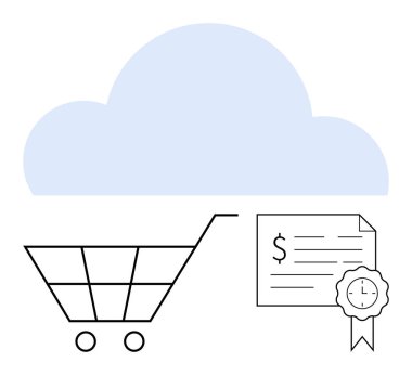Alışveriş arabası, bulut sembolü, mühürlü belge. E-ticaret, bulut teknolojisi, dijital makbuzlar, çevrimiçi işlemler, veri güvenliği modern iş çözümleri web hizmetleri için idealdir. Soyut çizgi