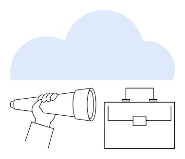 El ele tutuşan teleskop, evrak çantası ve bulut vurgusu keşfi, fırsat ve iş büyümesi. Strateji, vizyon, planlama, kariyer uzak çalışma amacı belirleyen soyut çizgi için ideal