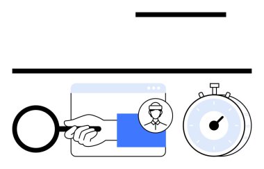 Büyüteç, tarayıcı penceresinde el ele tutuşmalar ve kronometre analizi, taramayı ve zaman yönetimini vurguluyor. İşe alım, insan kaynakları, verimlilik, zaman izleme araştırmaları için ideal