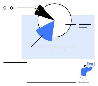 Parçalı bölümleri, satırları ve taklit metni olan pasta grafiği. Mavili kişi verilerle bir ekranı inceliyor. Analiz, iş stratejisi, teknoloji, takım çalışması ve sunum raporları için ideal