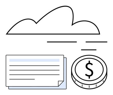Belgelerin ve paranın üstündeki bulut, çevrimiçi depolamayı, mali işlemleri ve veri organizasyonunu temsil ediyor. Finans, tasarruf, teknoloji, bulut hesaplama, dijital yönetim sektörü için ideal