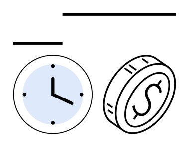 Saat ve dolar madeni para zaman-para ilişkisini, verimliliği, bütçeyi ve maliyet verimliliğini temsil ediyor. İş için ideal, hedef belirleme, finans, yatırımlar, zaman tasarrufu motivasyonu ve soyut