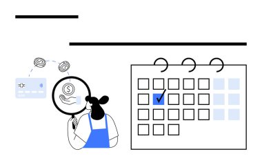 Karakter, kredi kartı, bozuk para ve takvime bakarak büyüteçle finans simgelerini inceler. Finansal planlama, tasarruf, bütçe, analiz, son başvuru tarihleri yatırım programları için ideal