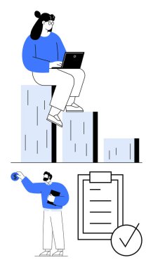 Dizüstü bilgisayarı olan bir kadın, dolar işareti taşıyan bir adam ve işaretli bir kahve listesinin yanında duran bir kahve. Finans planlaması, üretkenlik, hedef belirleme, iş başarısı, analitik ve takım için ideal