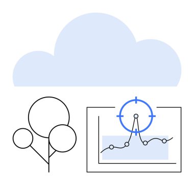 Veri noktaları, hedef işaretleyici ve minimum ağaç şekilli üst çizgi grafik paneli üzerinde bulut simgesi. Veri analizi, çevre, bulut hesaplaması, sürdürülebilirlik, analiz raporları ve teknoloji için ideal