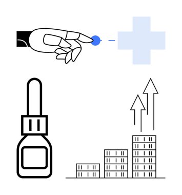 Robot el tıbbi haç simgesi, ilaç düşürücü ve yükselen ok grafiği ile etkileşime giriyor. AI için sağlık, tıbbi teknoloji, robotik, yatırım, yenilik, büyüme için ideal