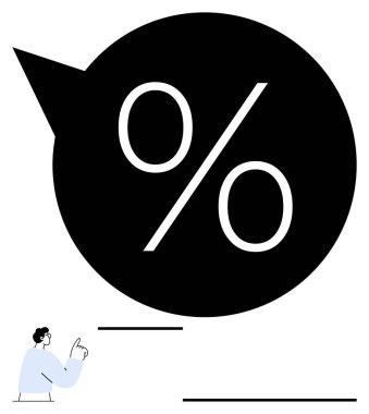 Koyu renk konuşma balonunda büyük bir işaret, yukarı doğru hareket eden küçük bir figür. İş, finans, pazarlama, indirimler, veriler, ekonomi ve büyüme stratejileri için ideal. Soyut çizgi düz metafor