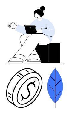 El kol hareketleri yaparken dizüstü bilgisayar kullanan bir kadın. Yanında da bir dolar işareti ve mavi yapraklı bir bozuk para. Finans, sürdürülebilirlik, ekoloji, teknoloji, iş hayatı dengesi, yatırımlar, soyut çizgi