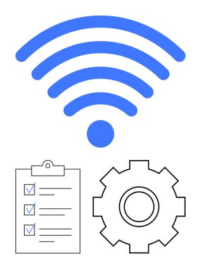 Kablosuz sinyal simgesi, tamamlanmış görevleri olan kontrol listesi ve planlama, bağlantı ve teknoloji ayarlarını sembolize eden bir dişli. Üretkenlik, ağ kurulumu, proje yönetimi, otomasyon için ideal