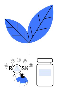 Dinamik çizgileri olan mavi yaprak, risk faktörlerini analiz eden insan ve ilaç şişesi. Sağlık, risk yönetimi, sürdürülebilirlik, ilaç, sağlık, araştırma soyut metaforu için ideal