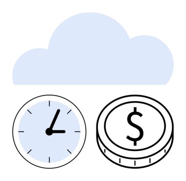 Saatin ve doların üzerindeki mavi bulut, bulut hesaplama, zaman yönetimi ve finansal verimliliği temsil ediyor. İş için ideal, dijital hizmetler, üretkenlik, tasarruflar, teknolojik yenilik