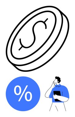 Dolar sembollü büyük sikke, mavi yüzde işareti, tableti düşünceli bir şekilde tutan kişi. Finans, tasarruf, strateji, yatırım, ekonomi politikası bankacılığı için idealdir. Soyut çizgi