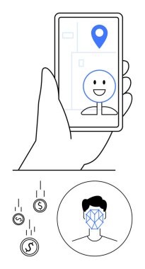 GPS pin ve avatar yüz taraması ve dijital paralarla el ele tutuşan akıllı telefon. Teknoloji, biyometri, çevrimiçi navigasyon, gizlilik, mobil güvenlik, ödemeler, soyut hat düz için ideal