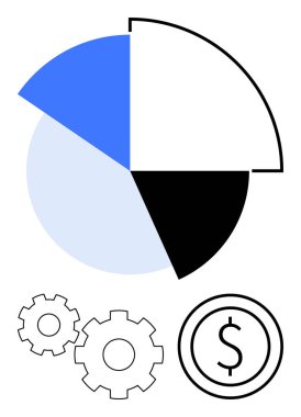 Mavi, siyah ve beyaz üç parçalı pasta grafiği ve yanında üç vites ve bir dolar işaretli para. Finans, iş stratejisi, veri analizi, planlama, ekonomi ve yatırım kurumları için ideal