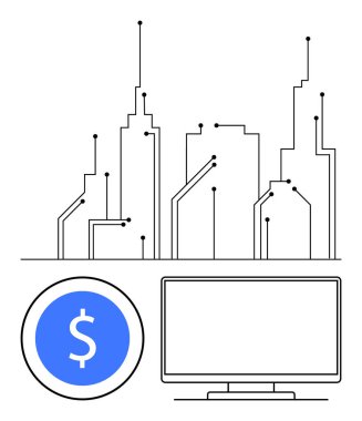 Dijital akıllı şehir silueti devre çizgileri ile entegre, bilgisayar monitörü aşağıda, dolar işareti olan mavi daire solda. Teknoloji, finans, kentsel gelişim, dijital dönüşüm için ideal