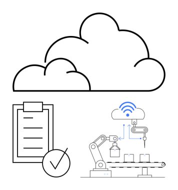 Taşıyıcı banttaki robotik kollara kablosuz sinyallere ve işaretli kontrol listesine bağlı bulut. İOT, imalat, otomasyon, kalite kontrolü, akıllı fabrikalar, veri yönetimi soyut