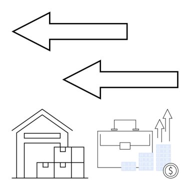 Yön gösteren oklar, kutularla dolu depo binası bozuk para ve grafiklerle dolu evrak çantası. İş stratejisi, lojistik, büyüme, başarı, depolama ithalat-ihracat için ideal. Satır metaforu